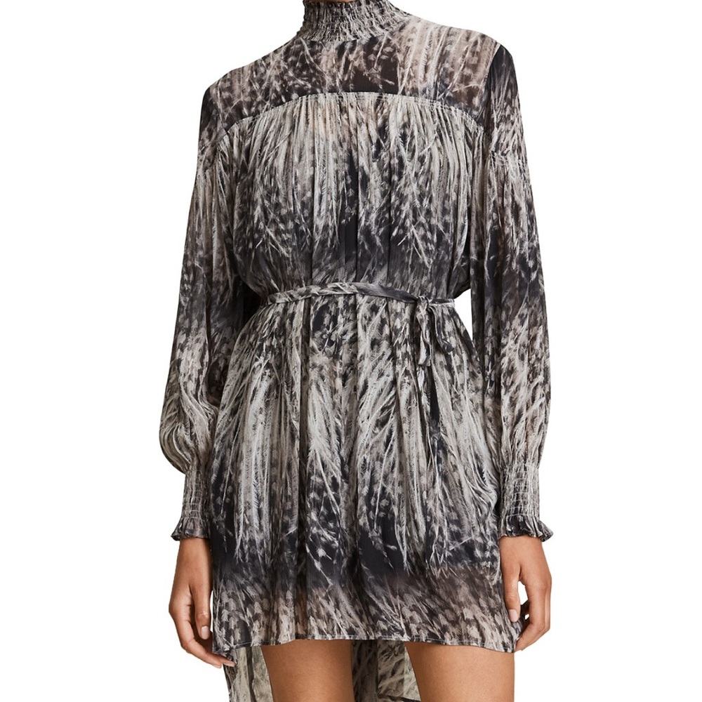 ALL SAINTS ‘Elita Pembury’ Feather Print Dress in Gauze Crepe, fits 0-4, RARE! 🪶